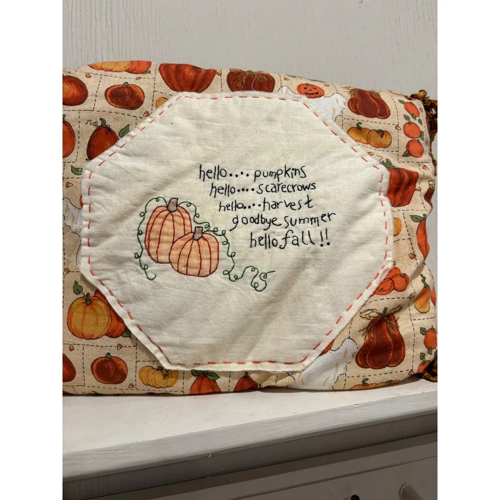 Handmade Fall Pumpkin Decorative Pillow Embroidered Hello Fall Tassel 12x12